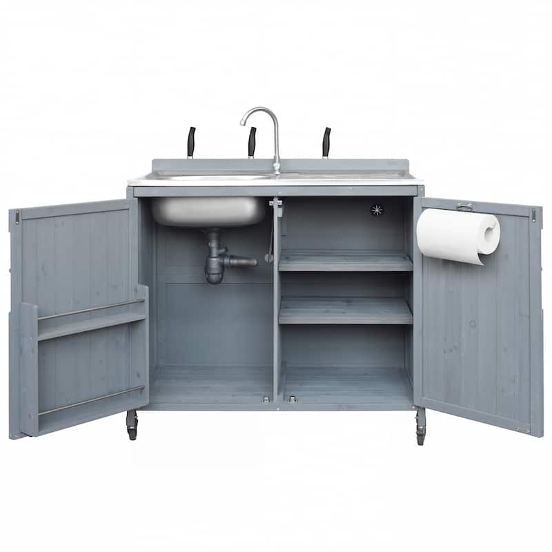 39.4" Rolling Outdoor Kitchen Island with 304 Stainless Steel Sink, Faucet & Cabinet for Pizza Prep