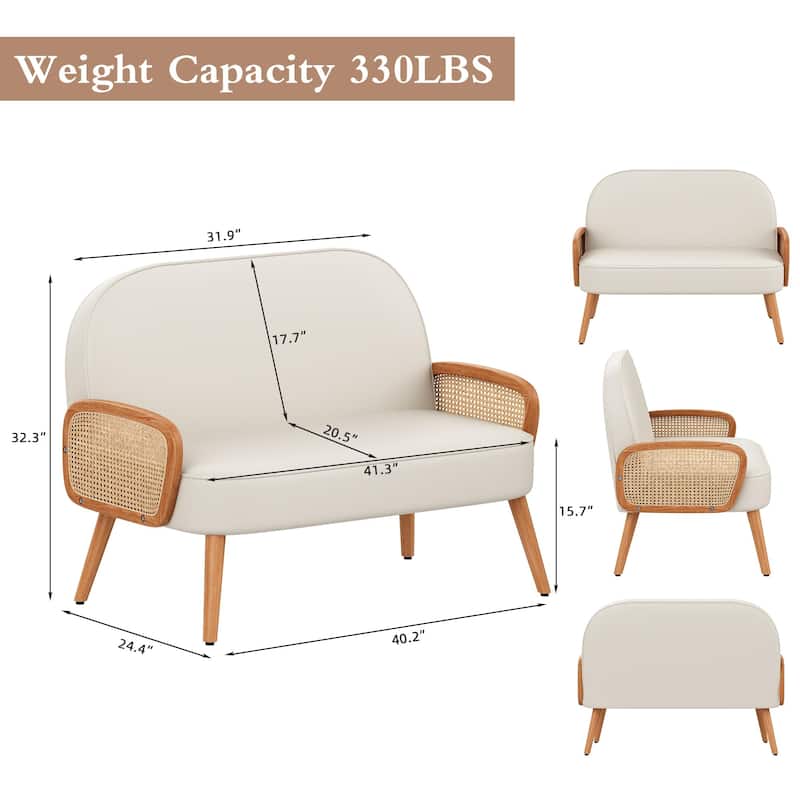 Loveseat Sofa Small Couch for Living Room, Faux Leather Mini Couch Love Seat with Natural Rattan Armrest and Solid Wooden Legs