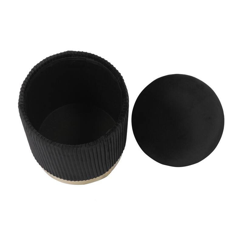 Black Velvet Channel-Tufted Round Storage Ottoman With Gold Base
