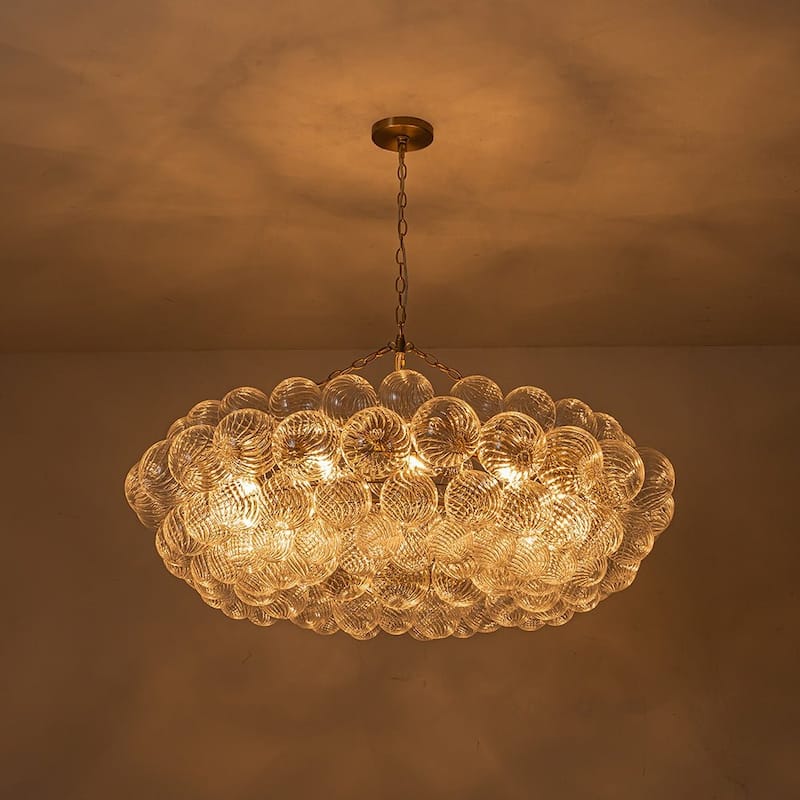 41in 12-Light Swirled Glass Globe Brass Wheel Bubble Chandelier