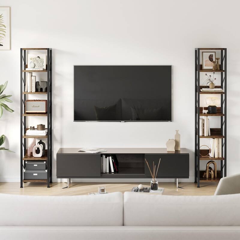 6-Tier Slim Bookshelf Tall Rustic Metal Frame Bookcase Narrow Corner Shelf