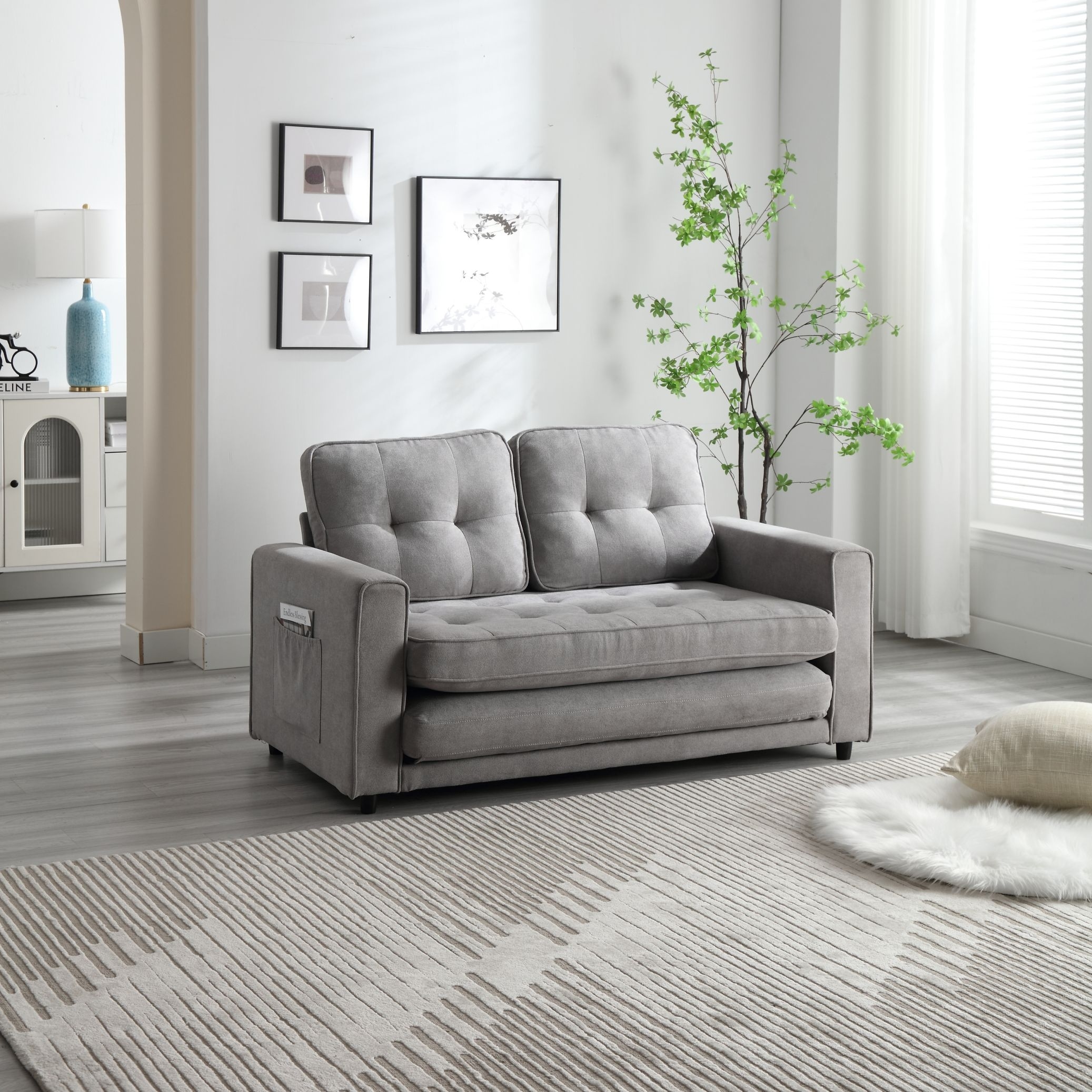 Pull Out Sleep Sofa Bed Velvet Fold Futon Couch Bed w Side Pocket