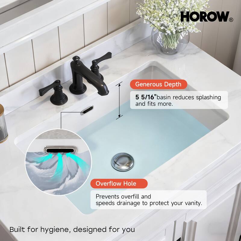HOROW 23.63 in Rectangular Undermount Ceramic Bathroom Sink in White with Overflow Drain