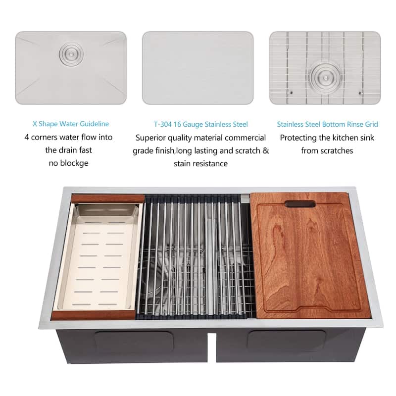 30-inch Undermount Kitchen Sink Low Divide Double Bowl 50/50 Prep Workstation Sink 16 Gauge Stainless Steel Kitchen Sink Basin