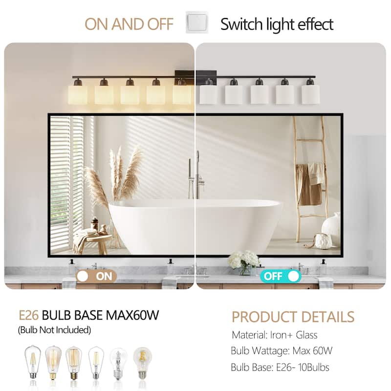 10-Light 65.4" Black Bathroom Vanity - White Glass - Wall Light for Bedroom Mirror