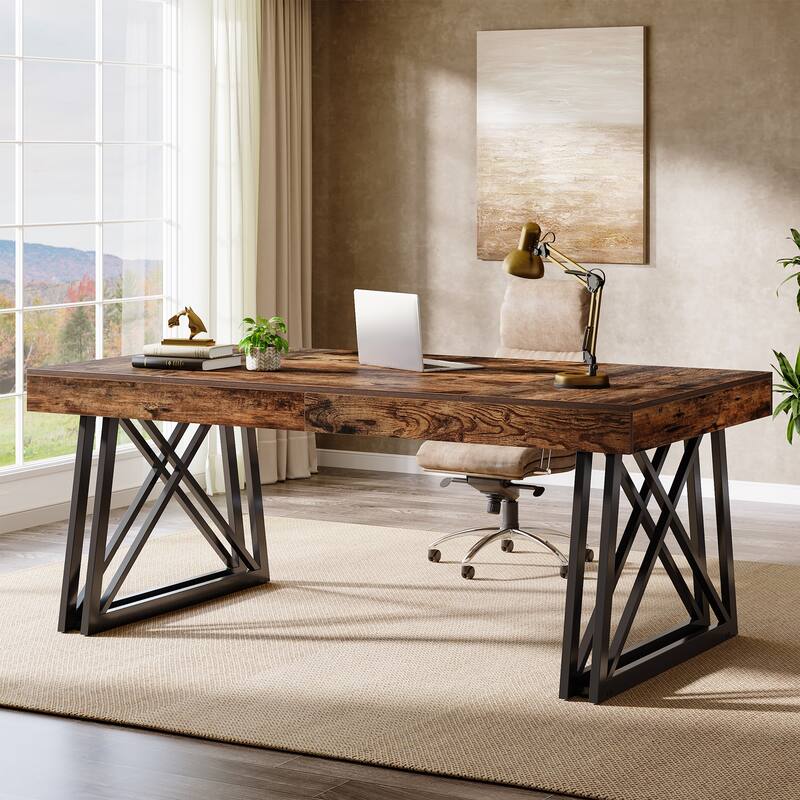 63 Inch Executive Desk, Farmhouse Office Computer Desk with Sturdy X-Shaped Legs - Rustic Brown+Black