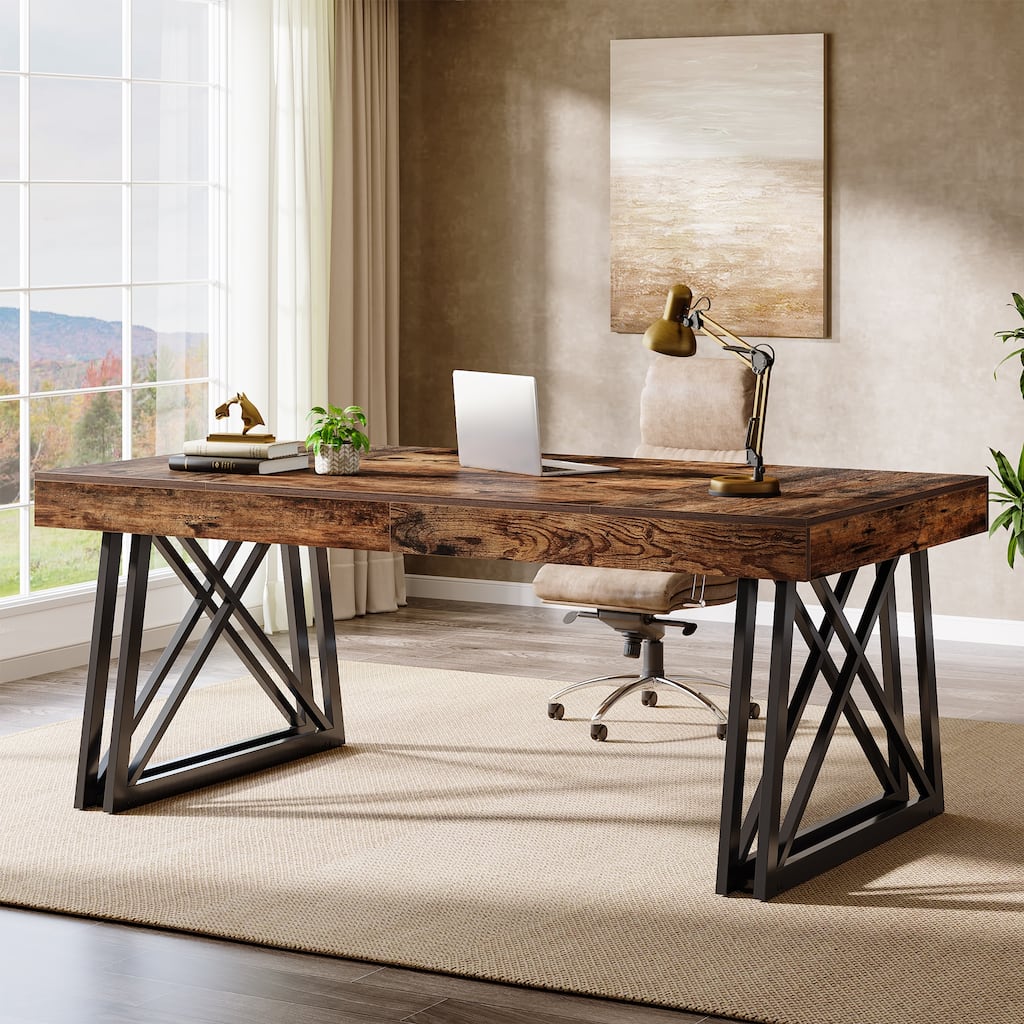 63 Inch Executive Desk, Farmhouse Office Computer Desk with Sturdy X-Shaped Legs