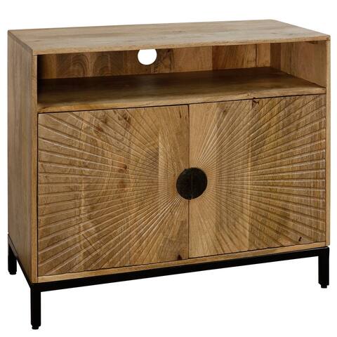 Logan - Two Door Entertainment Cabinet with Fan Cut Doors and Iron Base Stand - Wood Finish