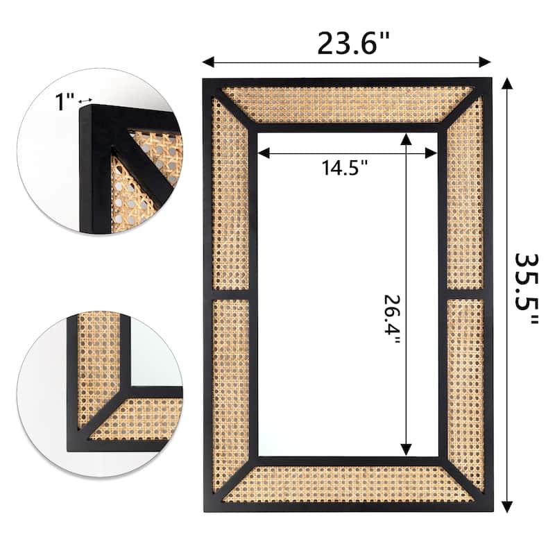 Large Rattan Wall Mirror Bohemian Square Accent Mirror for Wall Decor - 23.6"×35.5"