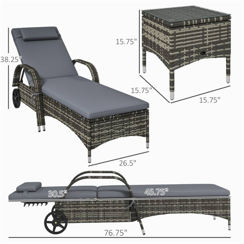 3 Piece Outdoor Rattan Chaise Lounge Chair Set with Cushions and Glass Top Side Table - 78.75" L x 28.75" W x 40.5" H