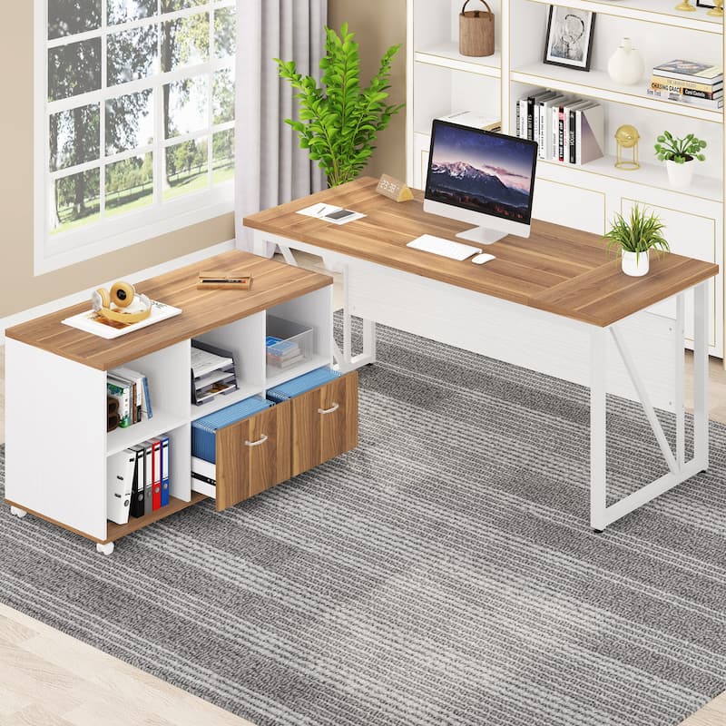 63" L-Shaped Computer Desk with 47 inches Lateral File Cabinet, Executive Desk Home Office Furniture Desk Set - walnut&white