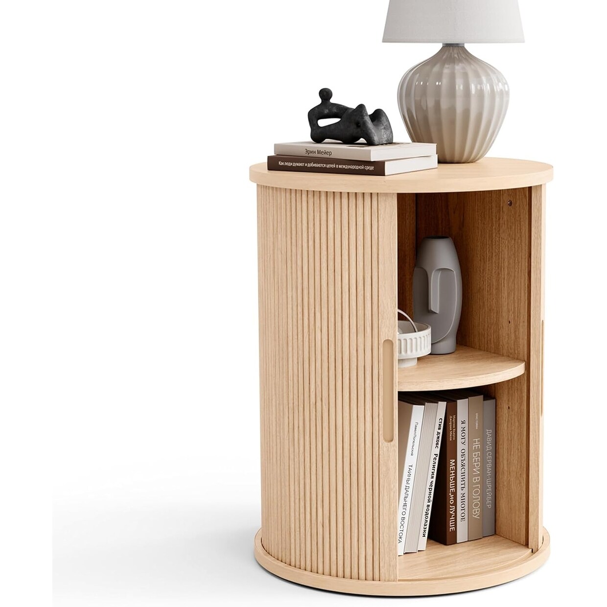 Round Fluted End Table with Sliding Door and Storage, Modern Bedside Design for Living Room or Bedroom