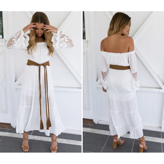 Shop White Boho Crochet Bell Sleeves Off Shoulder Maxi Long Dress
