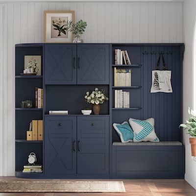 Multifunctional Left-Right Combination Hall Cabinet With Storage And 4 Hooks, Storage Cabinet/ Hall Tree 2 In 1