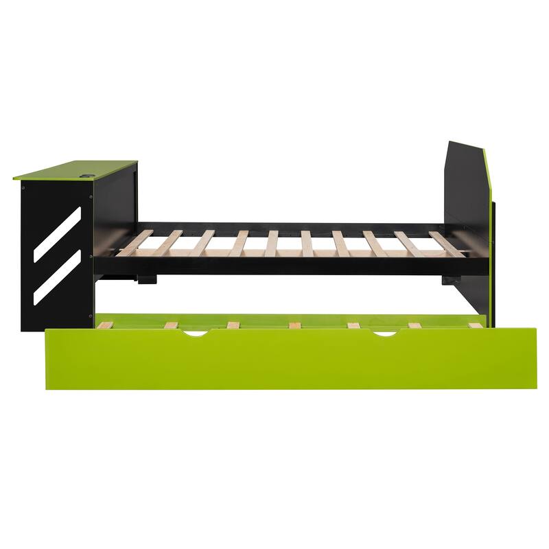 Full Size Wood Daybed with Twin Size Trundle,Desk and USB