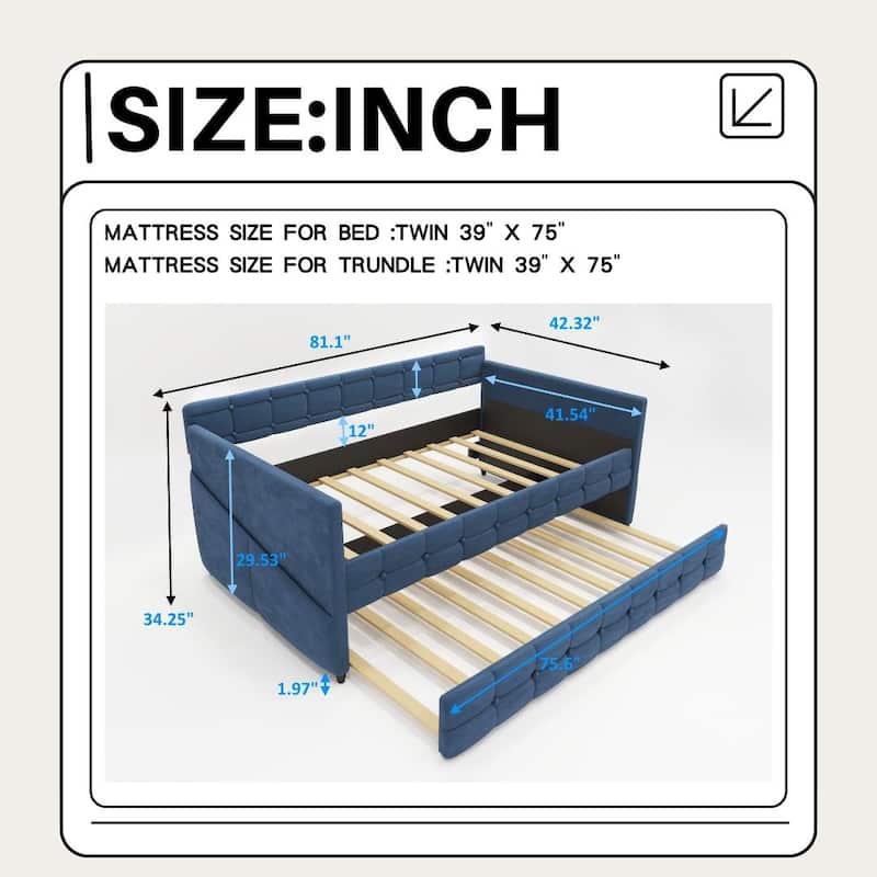 Daybed with Trundle, Velvet Upholstered Twin Size Day Bed Pull-Point Sofa Daybed Frame w/Twin Trundle, No Box Spring Needed,Blue