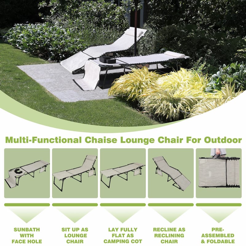 VEIKOUS Patio Chaise Lounge Chairs for Outdoor Tanning Chair with Face Hole, Pillow and Pocket