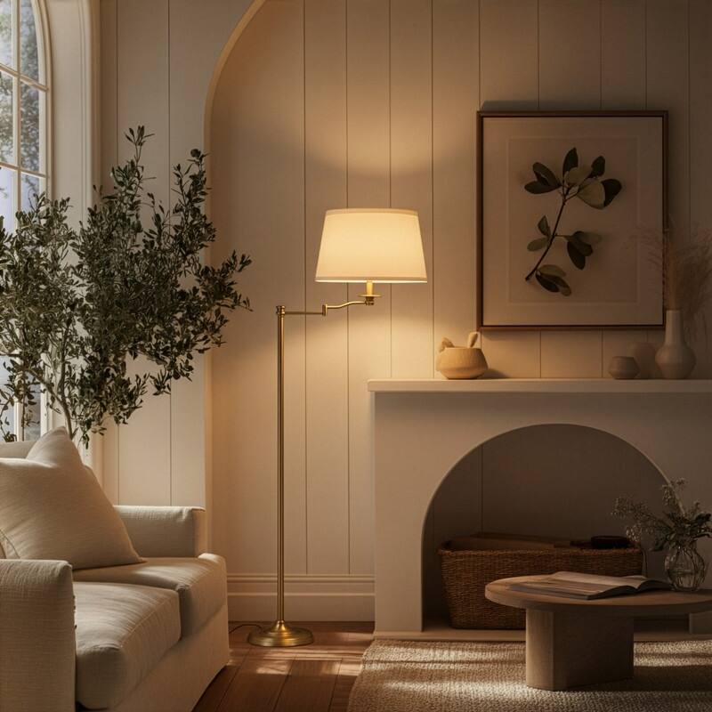 Brightech Caden 60 in. Antiqued Brass Mid-Century Modern 1-Light Extendable Swing Arm LED Floor Lamp with Beige Linen Drum Shade