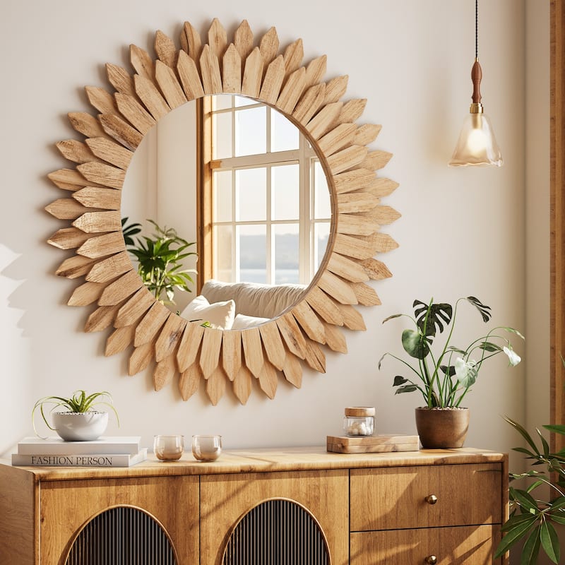 Sunflower Bathroom Mirror Round Wooden Wall Mirror - 24"x24" - Light Brown