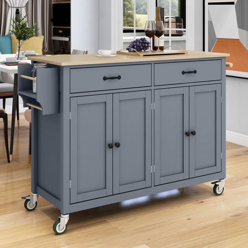 Kitchen Island Cart with Solid Wood Top, 4 Door Cabinet, 2 Drawers, Spice & Towel Rack, Locking Wheels, 54.3" - White - Blue