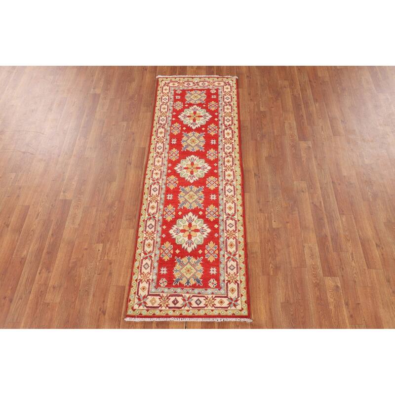 Geometric Red Kazak Oriental Runner Rug Hand-Knotted Wool Carpet - 2'2" x 6'3"