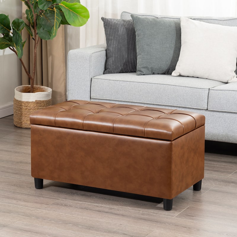 Adeco Rectangular Storage Ottoman Faux Leather Bench Lift-top Footrest
