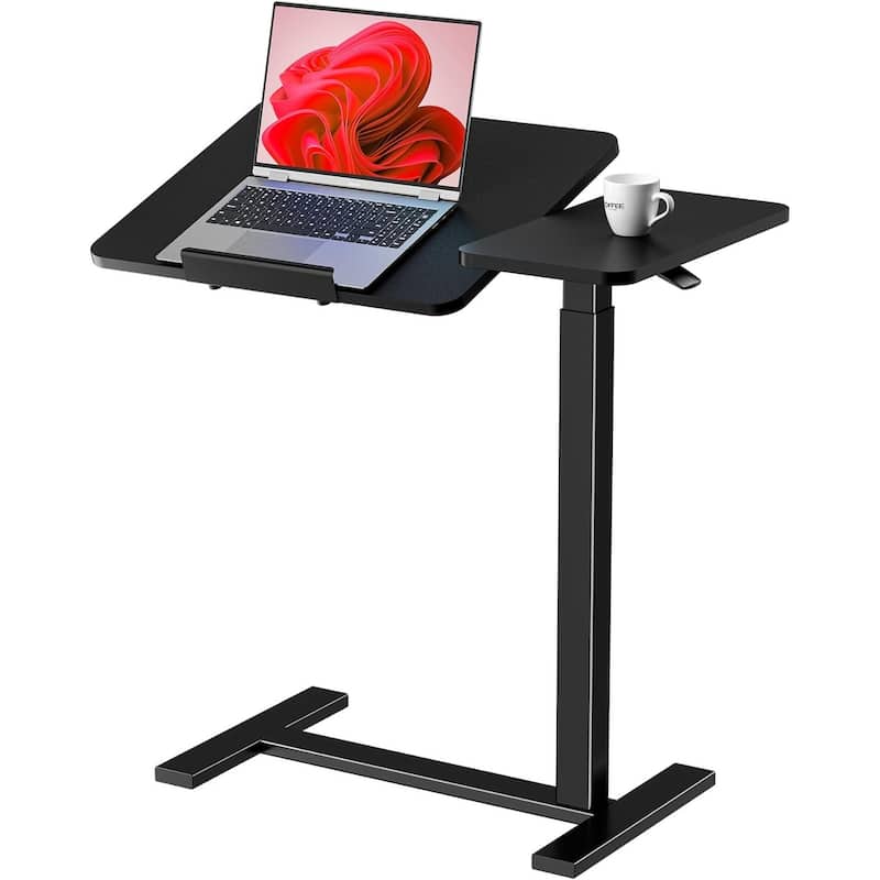 Overbed Bedside Table, Mobile Standing Desk Adjustable Height, Small Rolling Laptop Computer with Wheels, Tiltable Desktop - Black