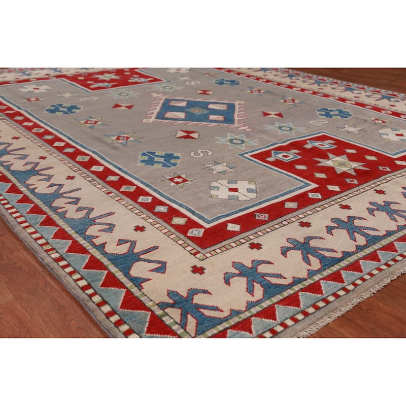 Hand Knotted Oriental 100% Wool Carpet Traditional Geometric Greys & Charcoal Kazak Area Rug - 9' 6'' X 7' 9''