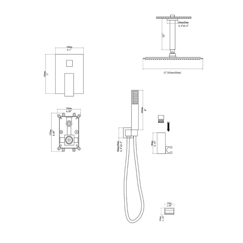 Topcraft 12-inch Ceiling Mount Square Shower System with Rough-in Valve - 12*12
