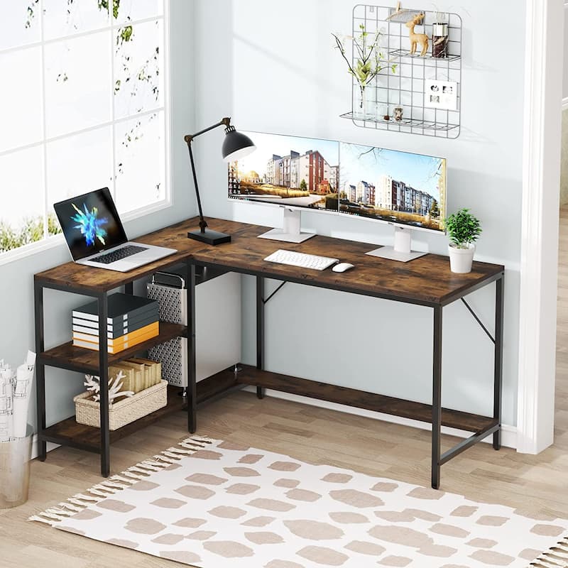 L Desk with Storage Shelves,Corner Desk with Hutch,Home Office Desk Workstation