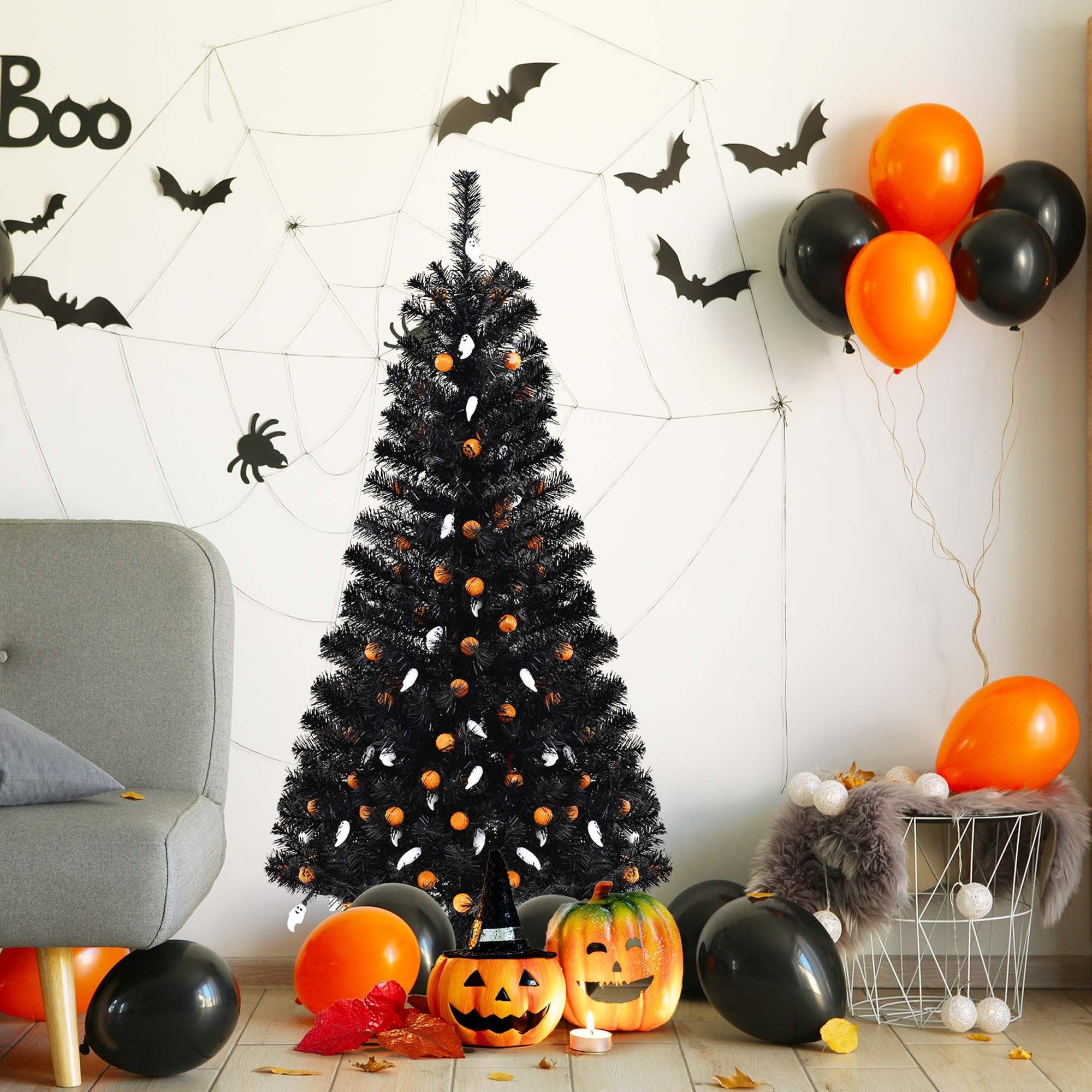 4.5FT Pre-lit Black Christmas Tree Halloween Tree w/Pumpkin Lights