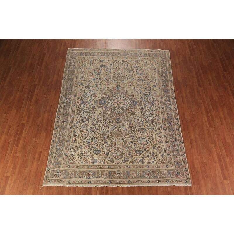 Tabriz Persian Rug Hand-Knotted Oriental Beige Wool Carpet - 7'10"x 10'10"