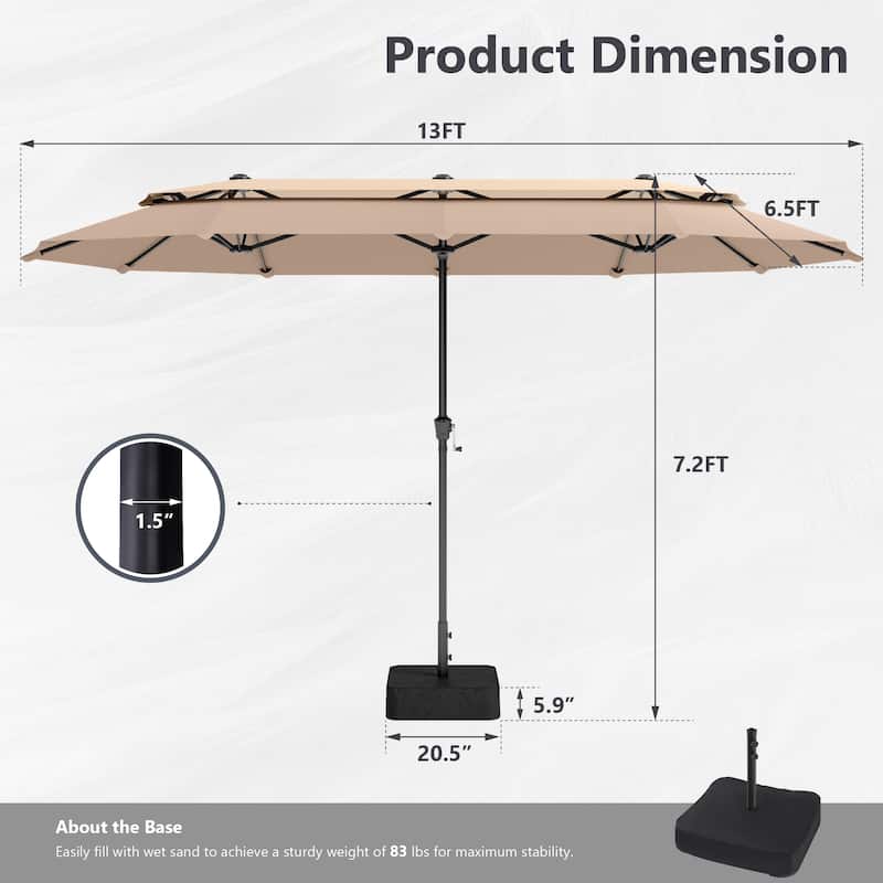 MAISON ARTS 13ft Double-Sided Outdoor Umbrella, 2-Tier Vented Market Umbrella with Colored Lights and Base