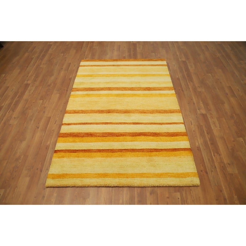 Hand Knotted Oriental 100% Wool Carpet Modern Stripe Yellow & Gold Gabbeh Area Rug - 5' 9'' X 3' 10''