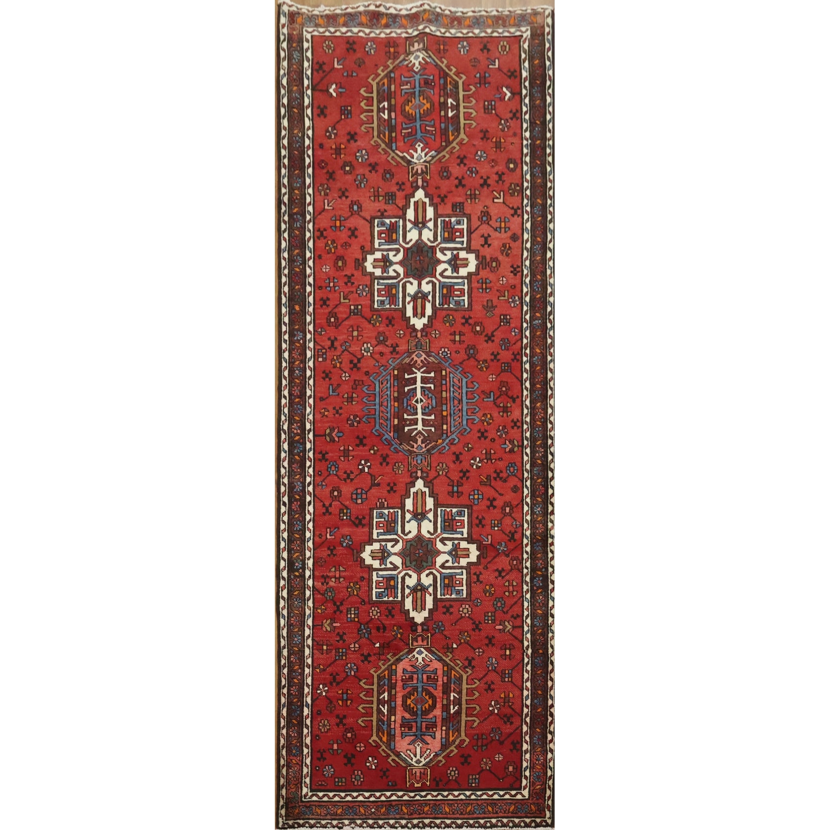 Hand Knotted Oriental 100% Wool Carpet Traditional Tribal Red Heriz Runner Rug - 9' 2'' X 3' 1''