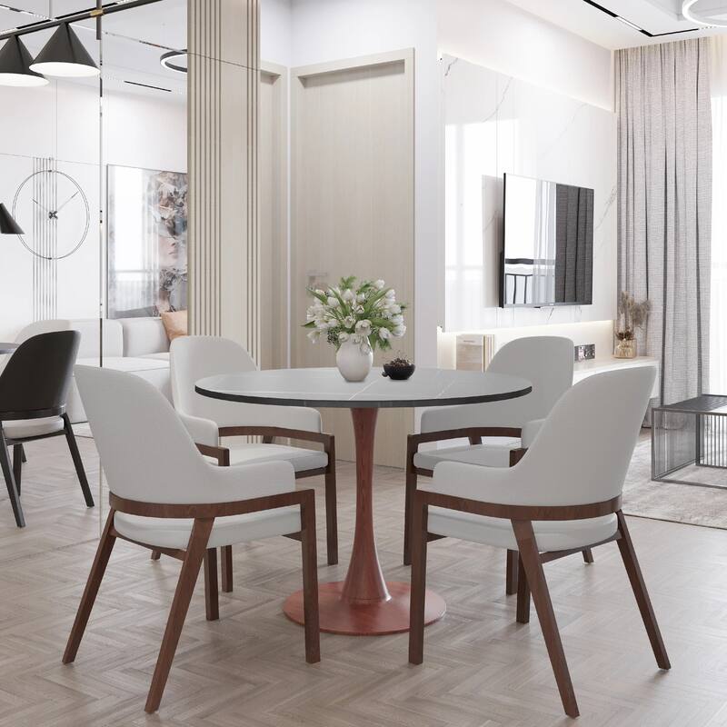 Bristol 35" Round Dining Table with Sintered Stone Top and Cherry Steel Pedestal Base for Modern Kitchen and Dining Room