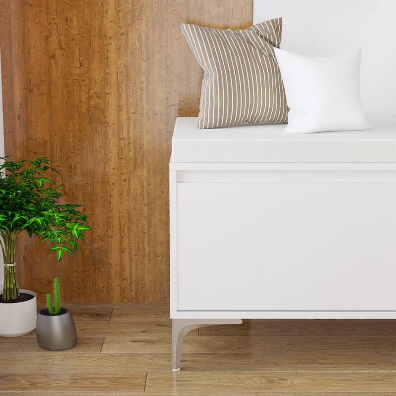 Wall-Mounted Entryway Shelf with Hooks and Storage Bench Set, Modern White Shoe Cabinet with Cushion and Closed Storage