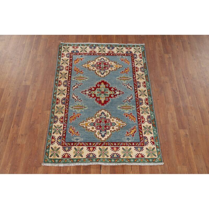 Light Blue Medallion Kazak Oriental Rug Hand-Knotted Wool Carpet - 3'5" x 4'10"