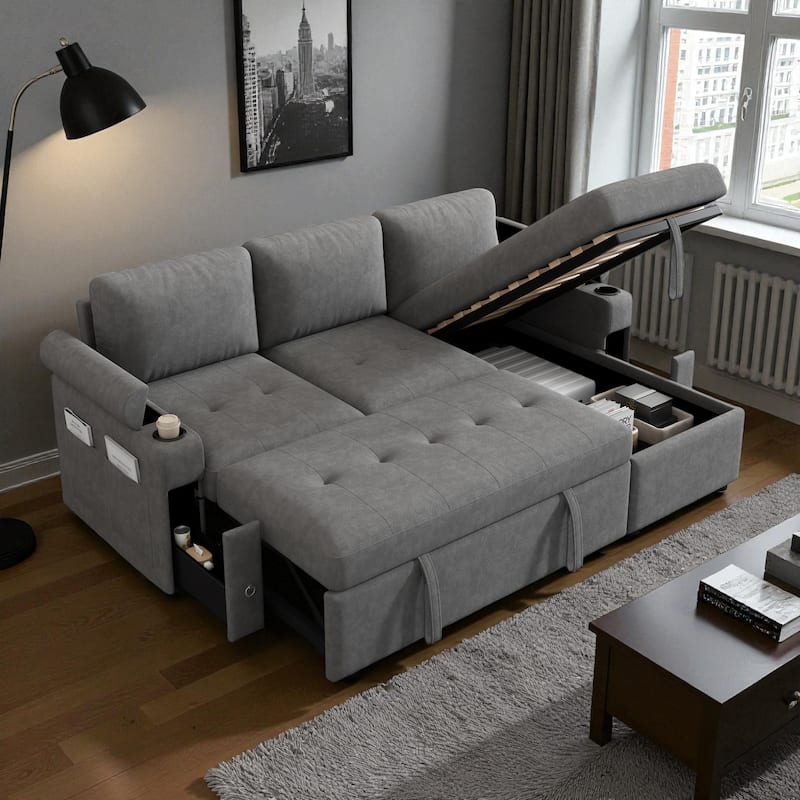 83.5" L-Shaped Convertible Sectional Sofa Bed with Storage Chaise Cup Holders USB Ports Chenille Couch for Living Room