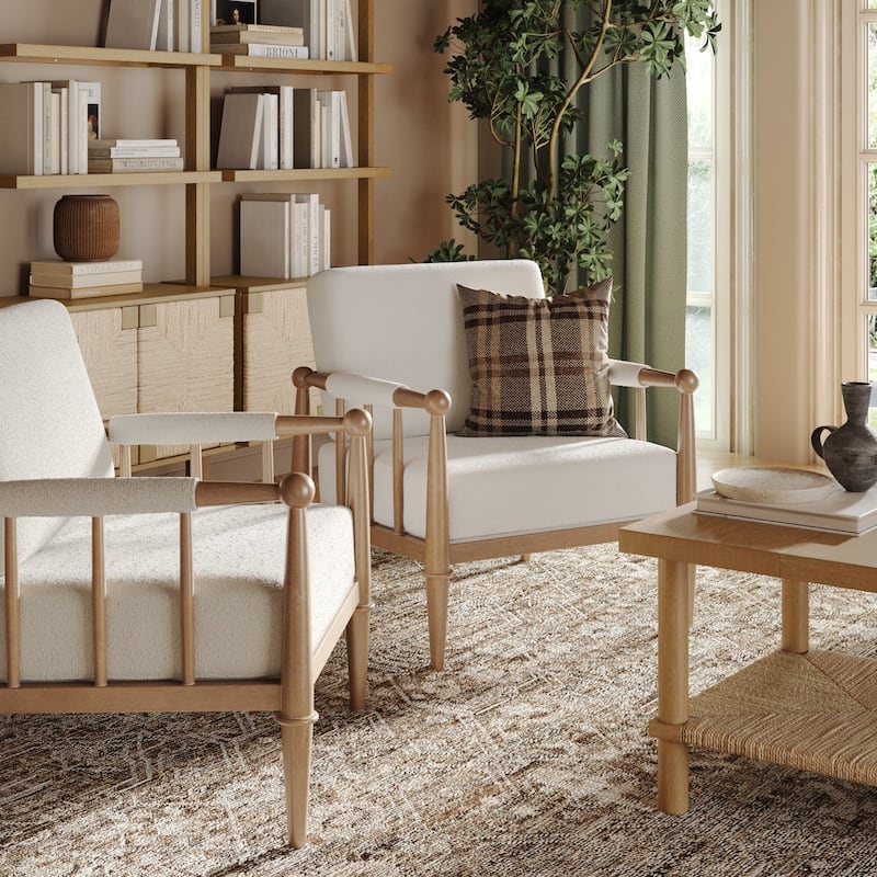 Spencer Boucle Accent Chair, Bohemian Armchair with Solid Wood Frame and Upholstered Foam Cushion