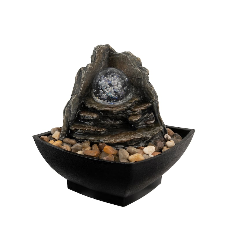 Rock Formation Tabletop Water Fountain with Rolling LED Light Glass Ball