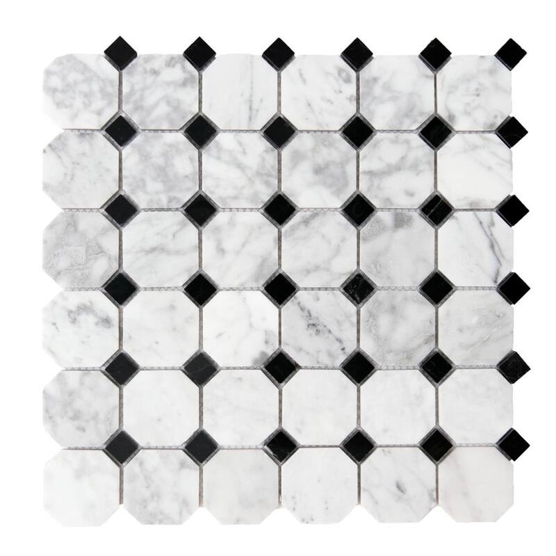 Santorini 2in x 2in Carrara & Black Marble Backsplash Wall Tile - Carrara & Black - 4 x 4 Sample