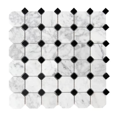 Santorini 2in x 2in Carrara & Black Marble Backsplash Wall Tile