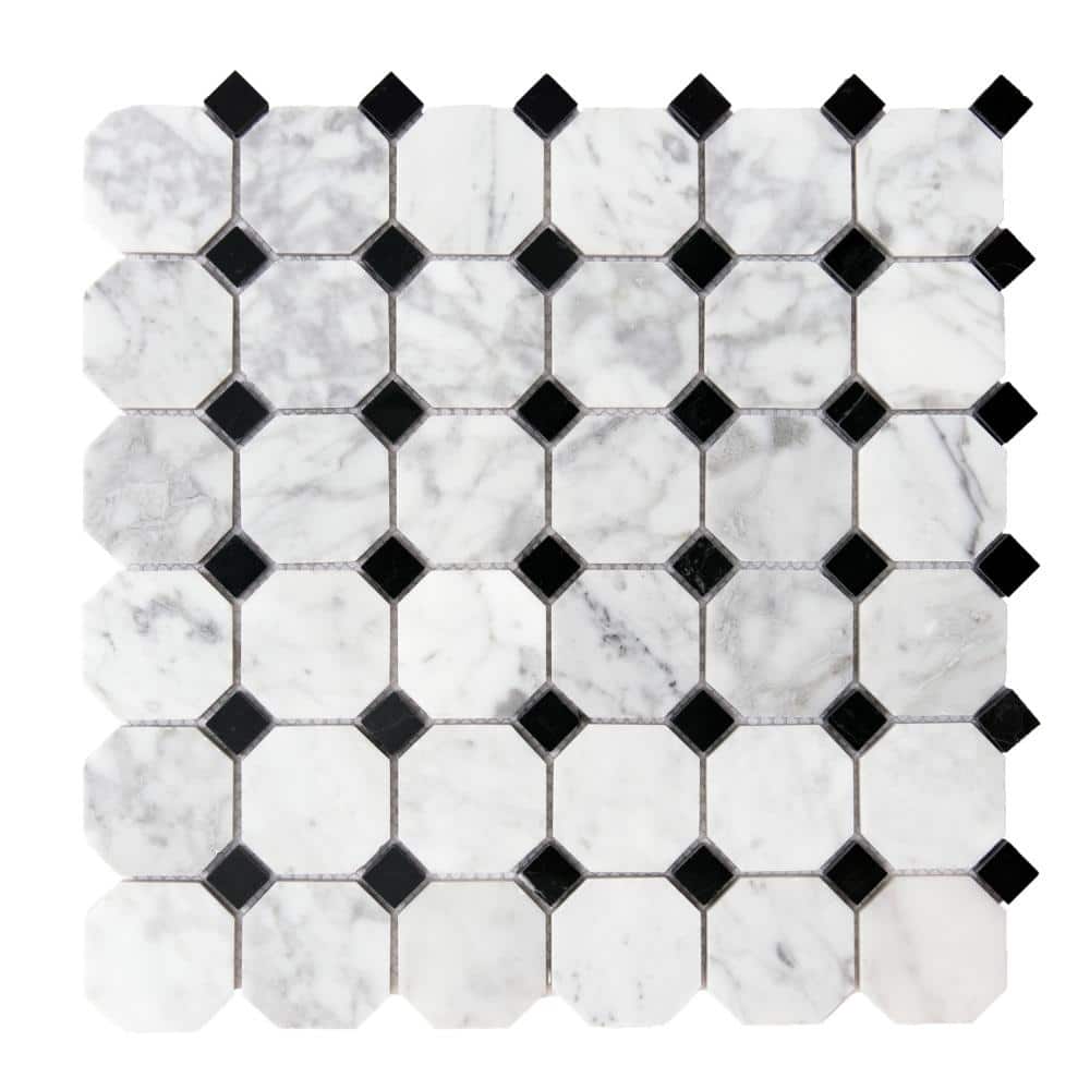 Santorini 2x2 Carrara & Black Marble Octagon Mosaic Tile - Wall & Backsplash