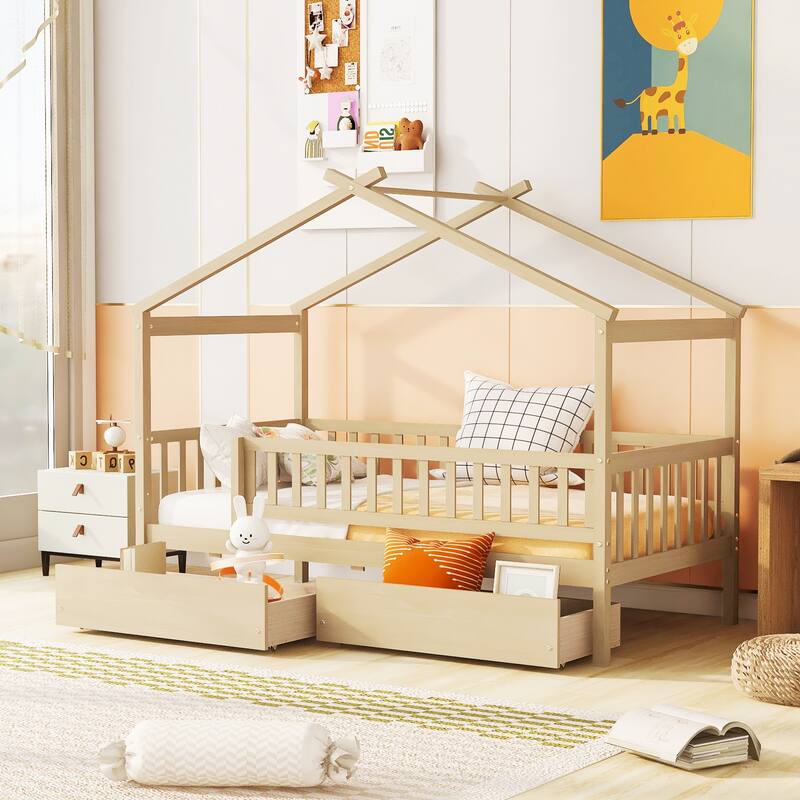 Wooden House Bed for Kids with Two Storage Drawers, Sturdy Twin Size Design - Natural