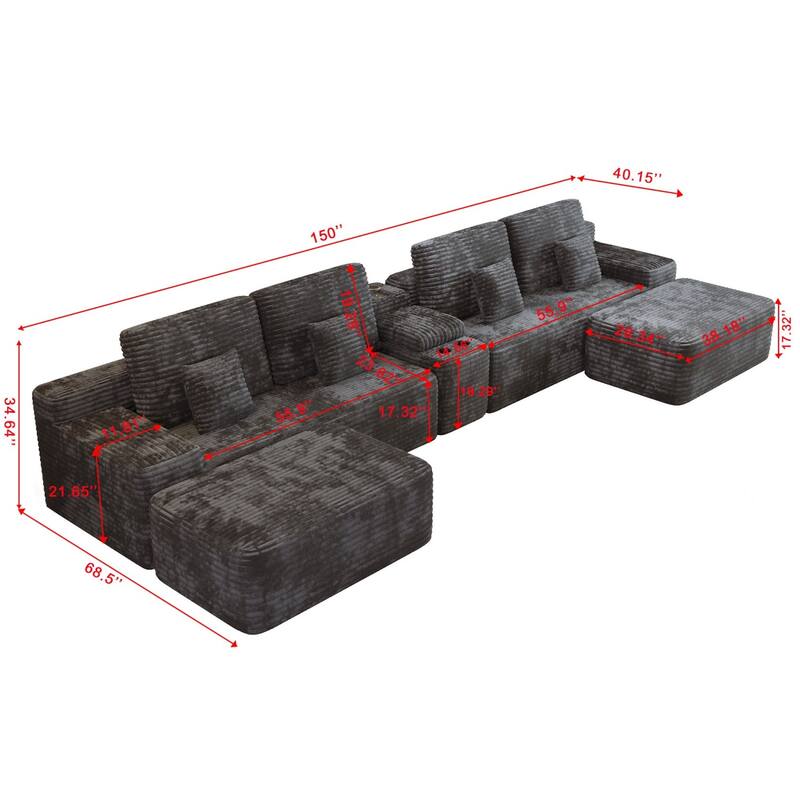 150" U-Shaped Sectional Sofa with Two Movable Ottomans