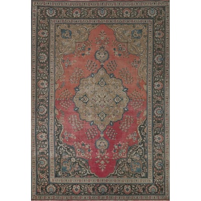 Tabriz Persian Vintage Area Rug Hand-Knotted Floral Coral Wool Carpet - 8'1" x 11'4"