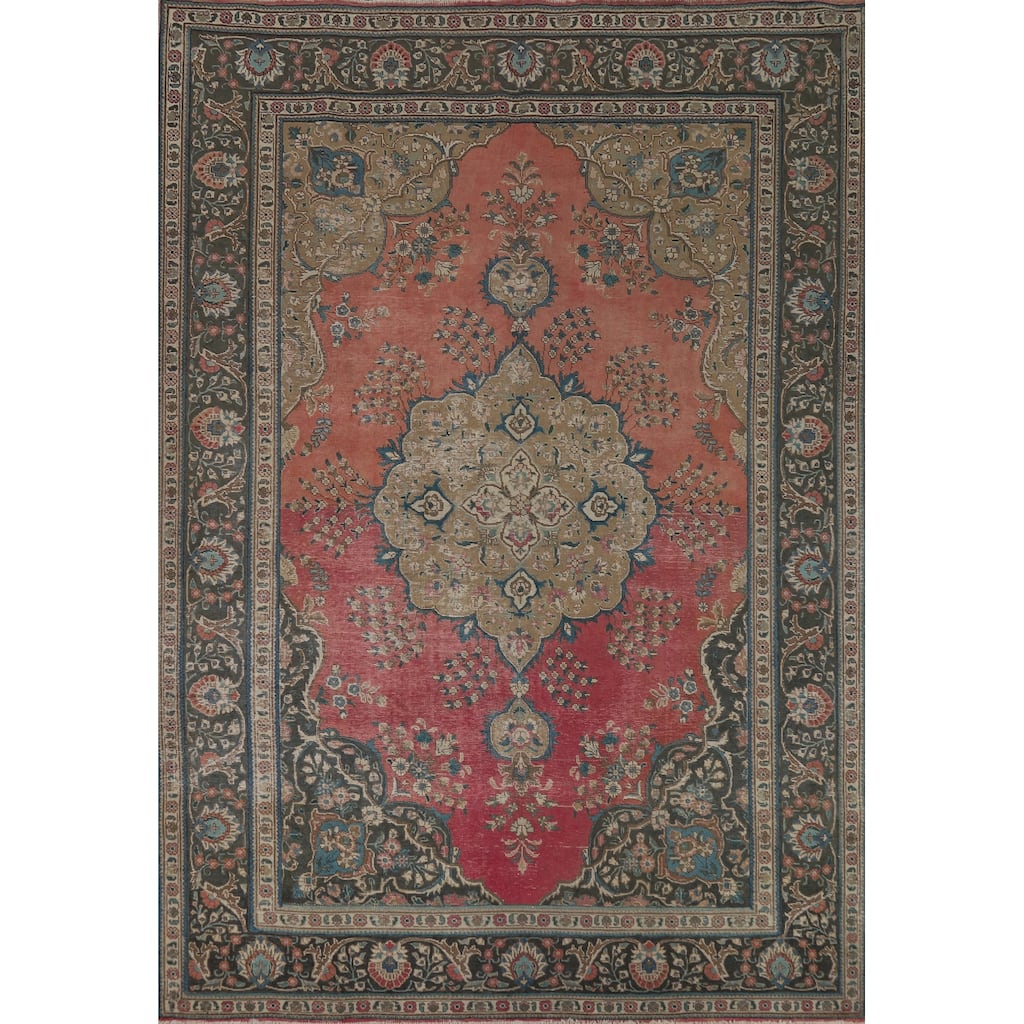 Tabriz Persian Vintage Area Rug Hand-Knotted Floral Coral Wool Carpet - 8'1" x 11'4"