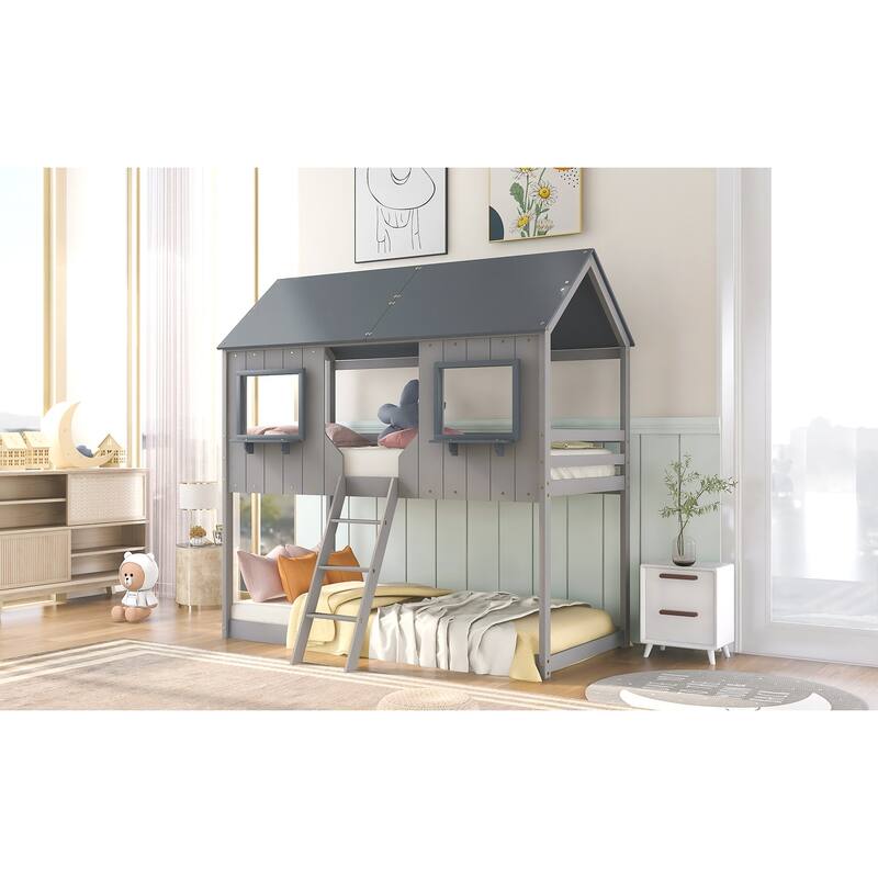 Playhouse Design Twin Over Twin Bunk Bed, Full-Length Guardrails