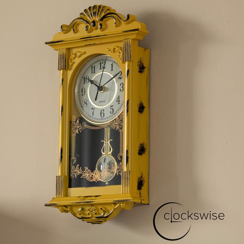 Clockswise Vintage Grandfather Wood-Looking Plastic Pendulum Decorative Battery-Operated Wall Clock Brown, for Home Decor